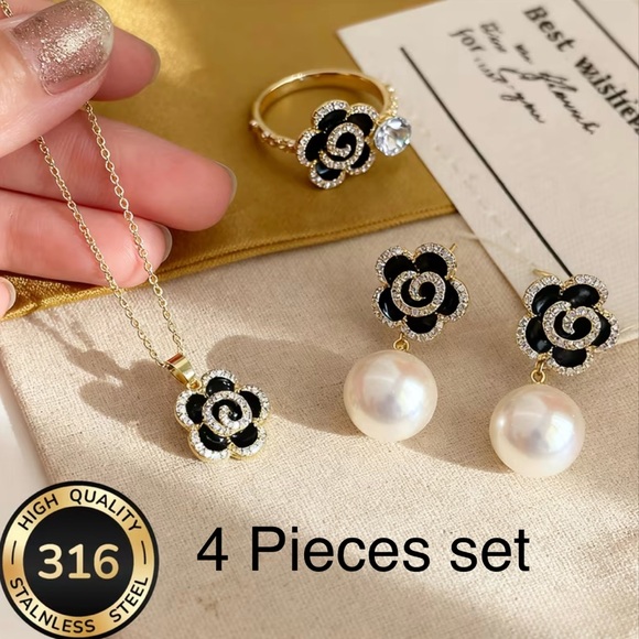 4 pieces Elegant Black and Gold Flower Jewelry Set - Picture 6 of 11